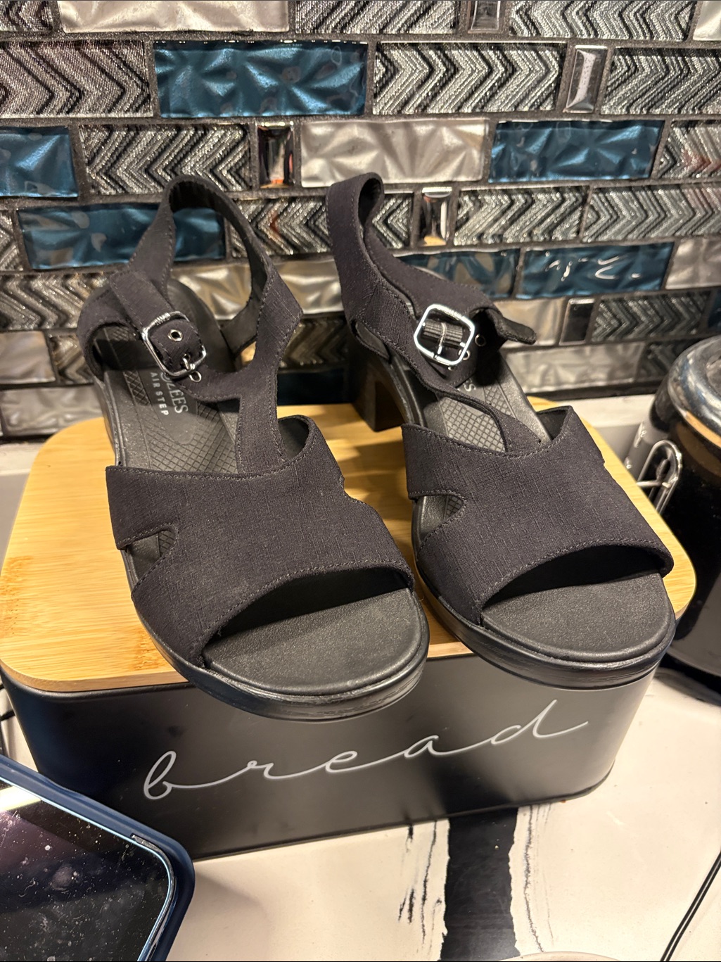 Life Stride Black Open-Toe Slingback Block Heels